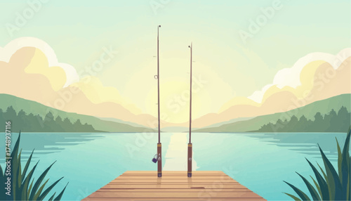 Fishing Rods on Wooden Dock Over Calm Lake Surrounded by Green Hills and Bright Sky