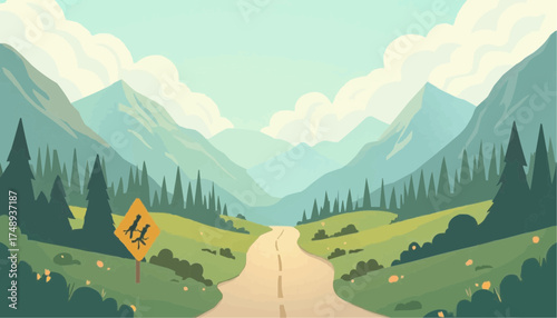 Scenic Mountain Landscape with Forested Valleys and Winding Road in Bright Colors