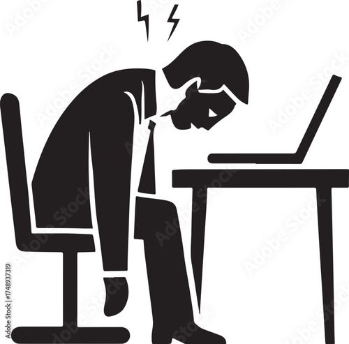 PrintExhausted businessman slumped over desk at laptop
