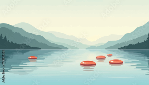 Serene Mountain Lake Landscape with Floating Buoys in Soft Pastel Colors