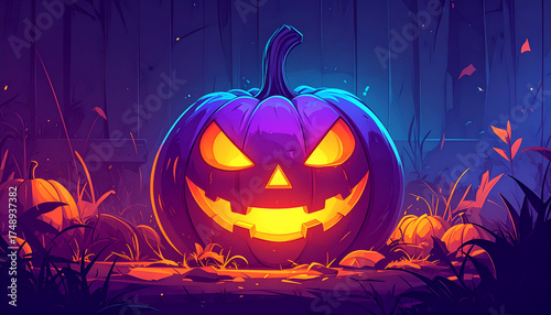 Sinister Glowing Jack O Lantern on a Spooky Halloween Night.