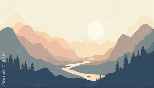 Serene Mountain Landscape with River and Forest in Soft Pastel Colors