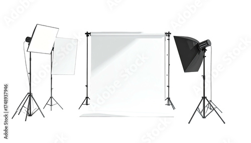Studio set-up with a backdrop, softboxes, and lights on stands against black