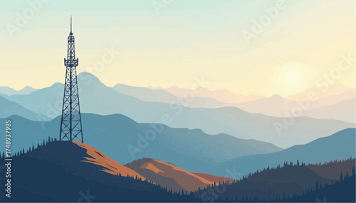 Mountain Landscape with Communication Tower During Sunrise in Soft Pastel Colors