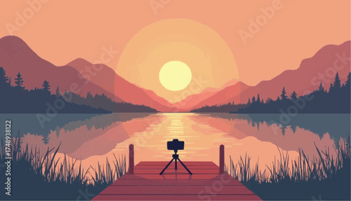 Sunset Landscape with Mountains and Reflection Over Water in Warm Colors