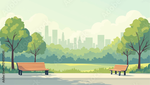 Serene City Park Scene with Green Trees and Wooden Benches in Bright Daylight
