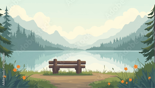 Serene Mountain Lake with Forest and Wooden Bench in Calm Nature Scene