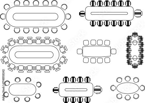 Top-down vector layouts of oval conference tables with chair arrangements — ideal for office design, boardroom planning, or architectural visualization of meeting spaces.