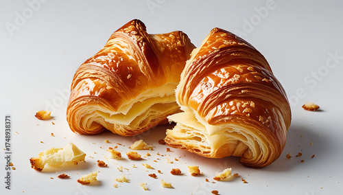 Freshly baked golden brown croissant torn open, revealing its soft and airy buttery texture, with a plethora of crumbs scattered around it, set against a clean and pristine white background