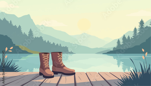 Pair of Brown Hiking Boots on Wooden Dock Overlooking Mountain Lake at Sunrise