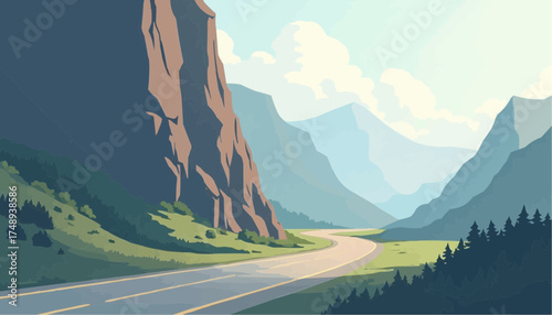 Scenic Mountain Road Landscape with Tall Cliffs Lush Green Forest and Bright Sky