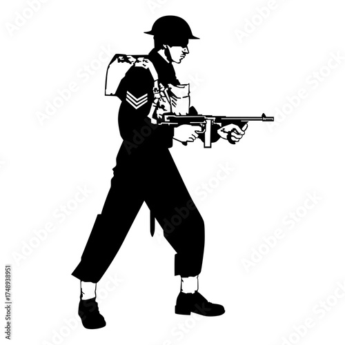 Soldier world war 2 holding a submachine gun
