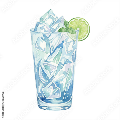 Ice Shard Tall Glass Watercolor Cocktail with Lime, Refreshing Transparent Drink Illustration on White

