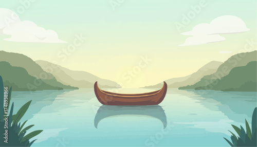 Serene Canoe Floating on Calm Water During Sunrise in Nature