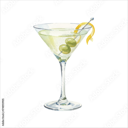 Watercolor Martini Cocktail Illustration on White Background
