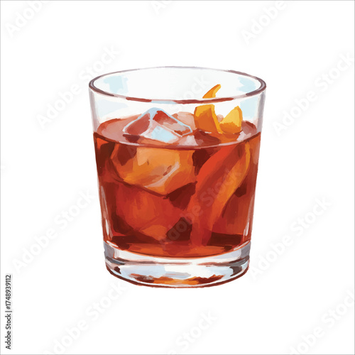 Watercolor Negroni Cocktail Vector Illustration Isolated on White
