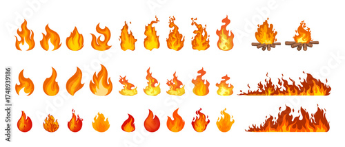 Set of fire flames, burning bonfire, blaze icon symbol element vector illustration collection. Isolated on background.