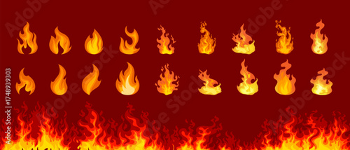 Set of fire flames, burning bonfire, blaze icon symbol element vector illustration collection. Isolated on background.