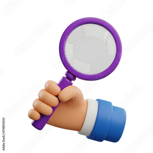Hand holding a magnifying glass 3D render search and discovery concept isolated on transparent background
