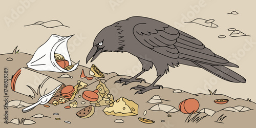 Crow feeding on discarded food scraps in urban environment  