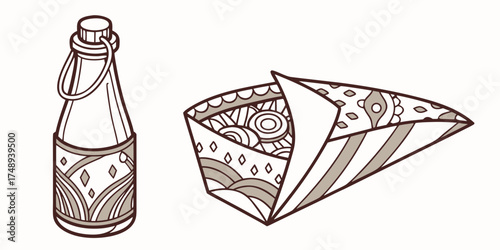 Decorative glass bottle with patterned paper wrap packaging  