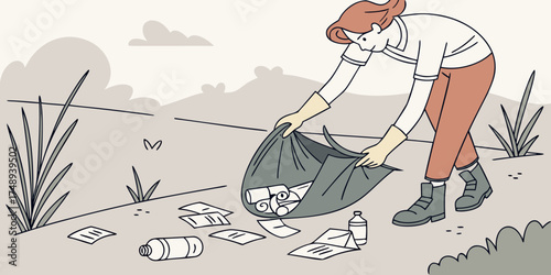 Woman picking up trash with gloves in natural outdoor setting  