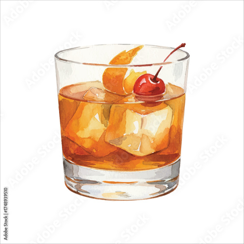 Watercolor Old Fashioned Cocktail Vector Illustration on White
