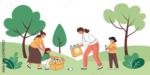 Family collecting plastic bottles and recycling in the park  