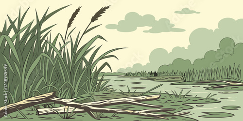 Marsh landscape with aquatic plants and floating debris at sunset  