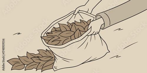 Hands holding a bag filled with fallen leaves in outdoor setting  