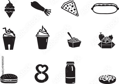 Various food icons in black and white including hot dog pizza ice cream and other sweet and savory items