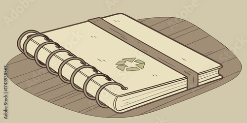 Recycled paper notebook with eco-friendly design on wooden surface  