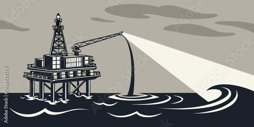 Illustration of offshore oil platform with spotlight illuminating waves  