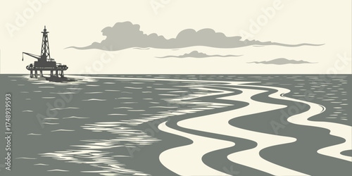 Oil rig silhouette on ocean water with wavy reflections at sunset  