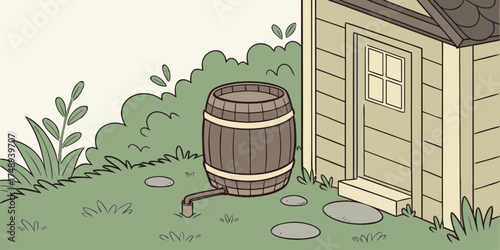 Wooden rain barrel beside shed in garden with stone pathway  
