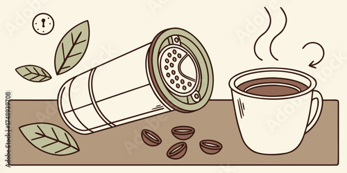 Reusable coffee pod beside hot cup of brewed coffee and leaves  