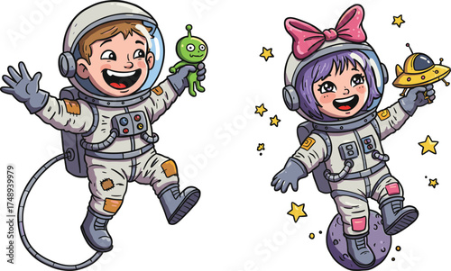 Cartoon astronauts children in space, boy with alien toy, girl with flying saucer, colorful stars, playful science fiction illustration