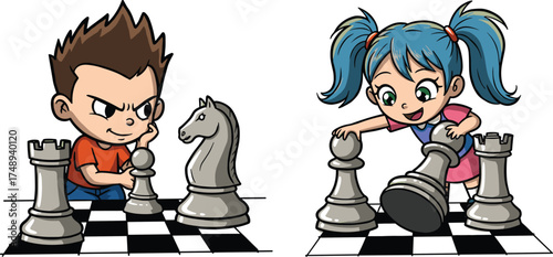 Cartoon children playing chess, oversized pieces, strategic board game, boy and girl competition, fun learning activity, playful illustration, educational entertainment