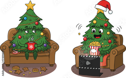 Cartoon Christmas tree characters relaxing, festive holiday scene, Santa hat, popcorn movie night, cookies, hot drink, joyful seasonal celebration, cozy illustration