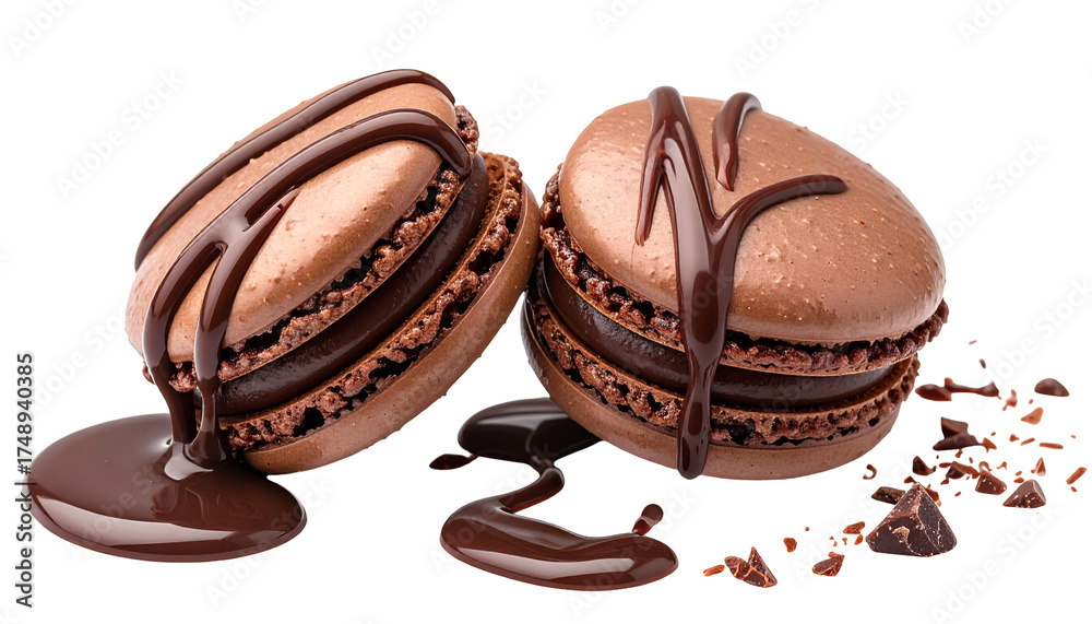 Obraz premium Two chocolate macarons with drizzle