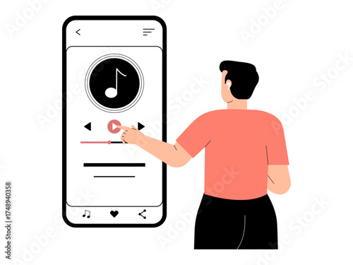 Man playing songs from online playlist. Music Player illustration. Flat vector illustration.