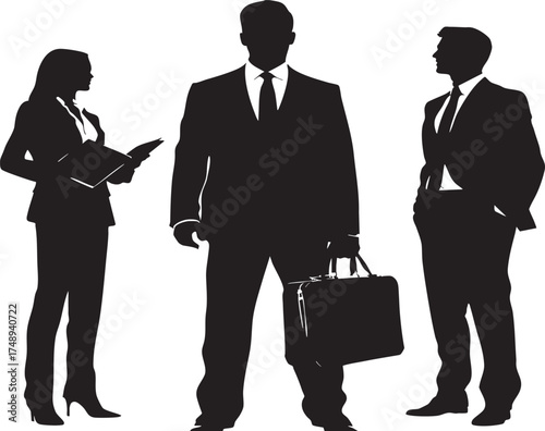 Silhouette of three business people standing with a briefcase and a document on a white background