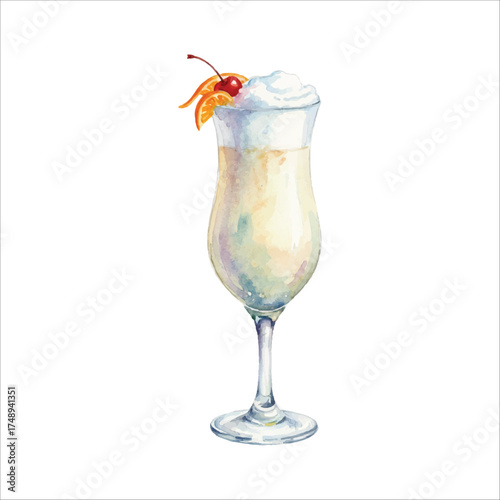 Watercolor Ramos Gin Fizz Cocktail Illustration on White Background
