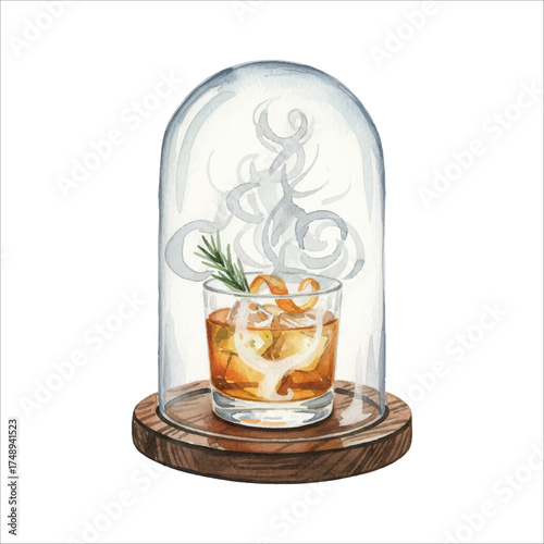 Smoked Cocktail Under Glass Dome Watercolor Illustration
