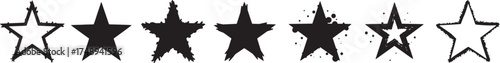 Grunge style black star silhouettes and outlines in various distressed textures and ink splash effects arranged in a horizontal row on white background.