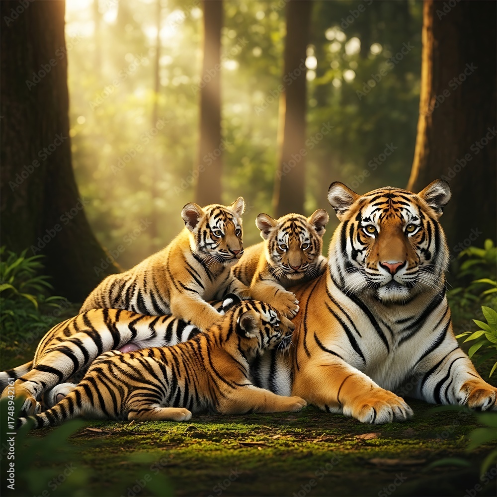 Obraz premium Tiger Family - A Portrait of Love and Protection in the Jungle.