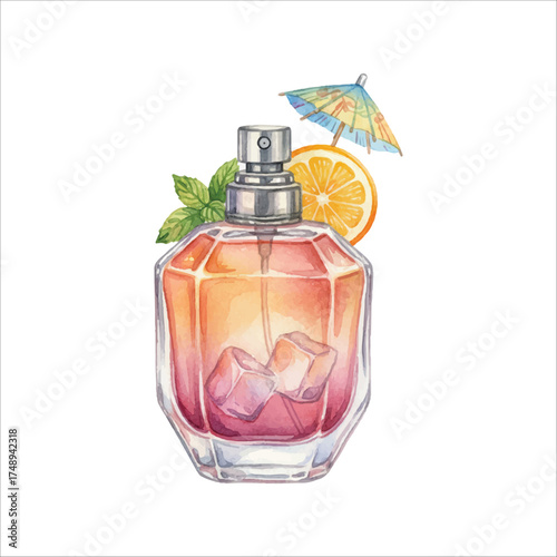 Perfume Bottle Cocktail Watercolor Illustration on White
