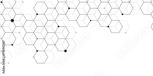 Molecular structure abstract tech background. Geometric white background. Vector banner design with hexagons. Science network pattern, connecting lines and dots Medical background, Vector illustration