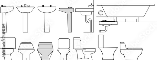 A collection of black and white line art illustrations of various bathroom fixtures, including sinks, toilets, and a bathtub, from different views.