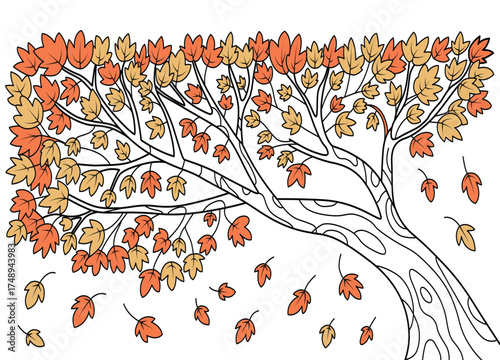 Fall Tree with Falling Leaves Illustration Ideal for Educational Resources and Seasonal Crafts and Artistic Projects
